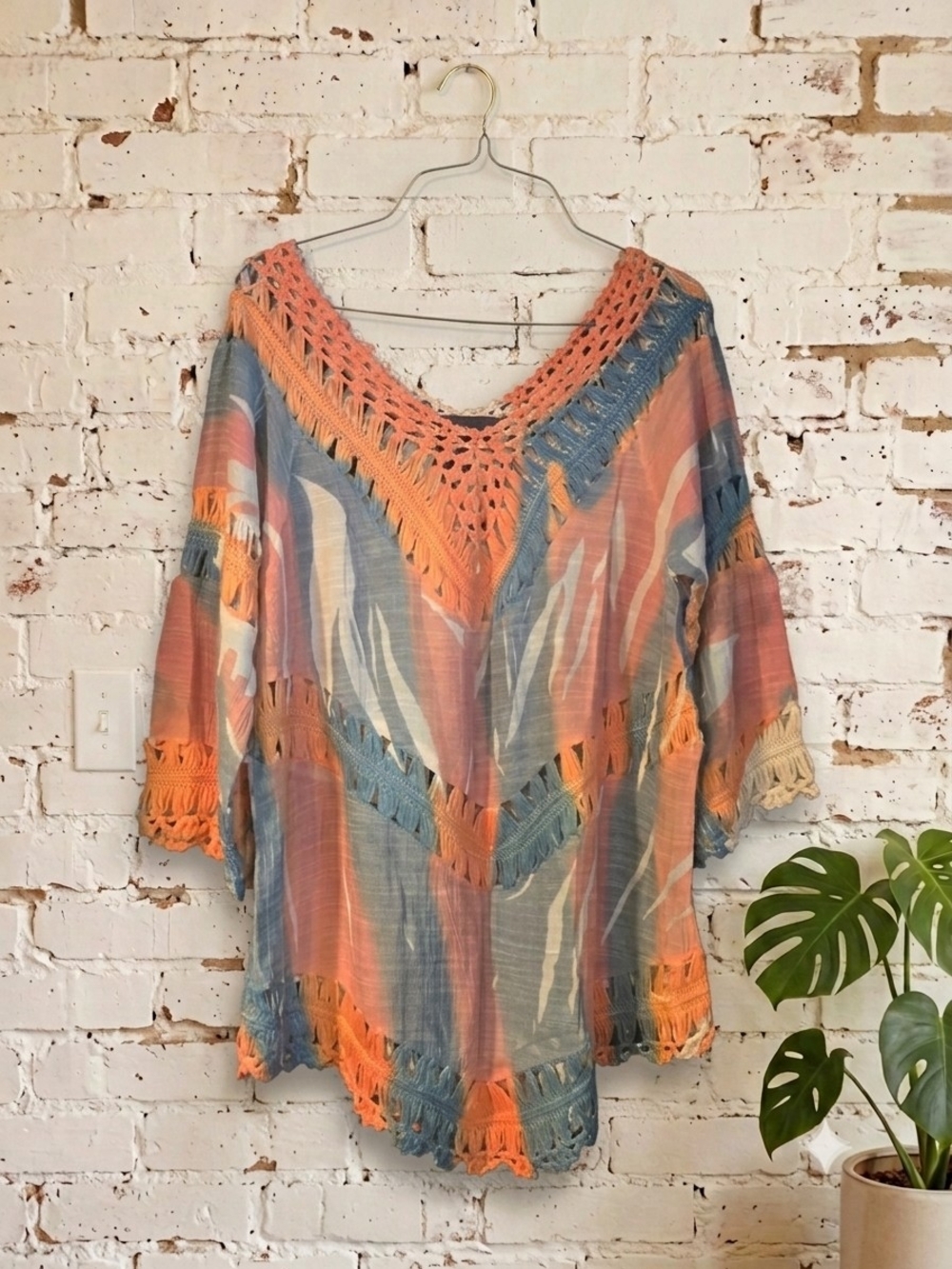 Striped Crochet-Trim Women's Blouse in Coral and Blue